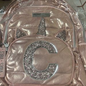 Justice Rose Gold Quilted Unicorn Initial Backpack ~ Letter  C Book Bag New